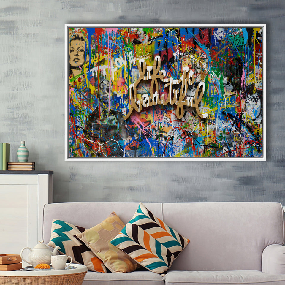 Life Is Beautiful Grafiti Art V2 Banksy Style, Framed Canvas Prints Wall Art Home Decor,Floating Frame, Ready to Hang