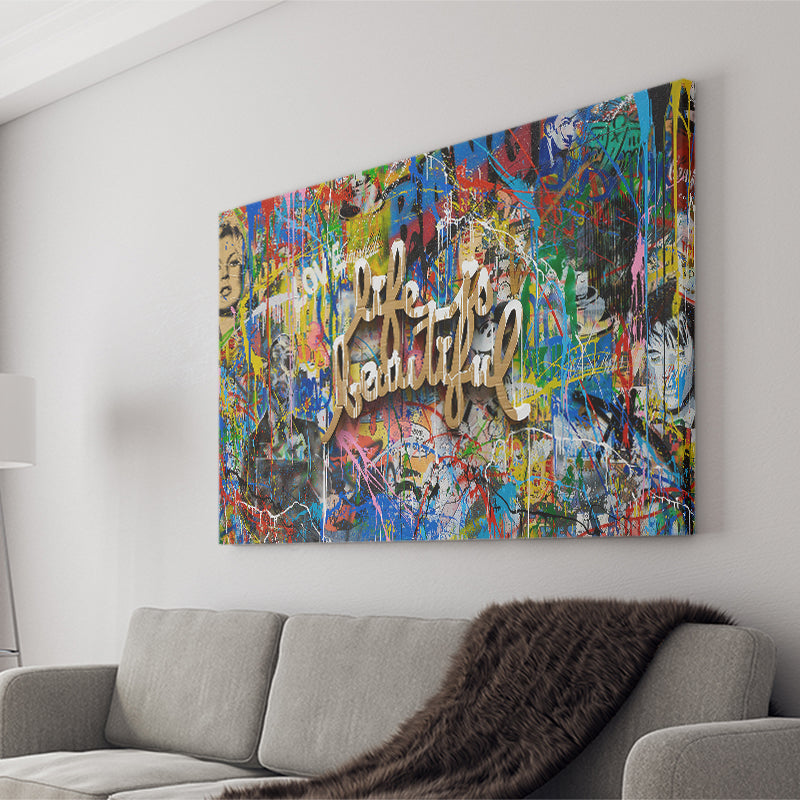 Life Is Beautiful Grafiti Art V2 Banksy Style, Canvas Prints Wall Art Home Decor