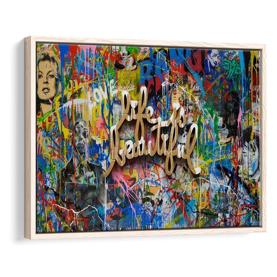 Life Is Beautiful Grafiti Art V2 Banksy Style, Framed Canvas Prints Wall Art Home Decor,Floating Frame, Ready to Hang