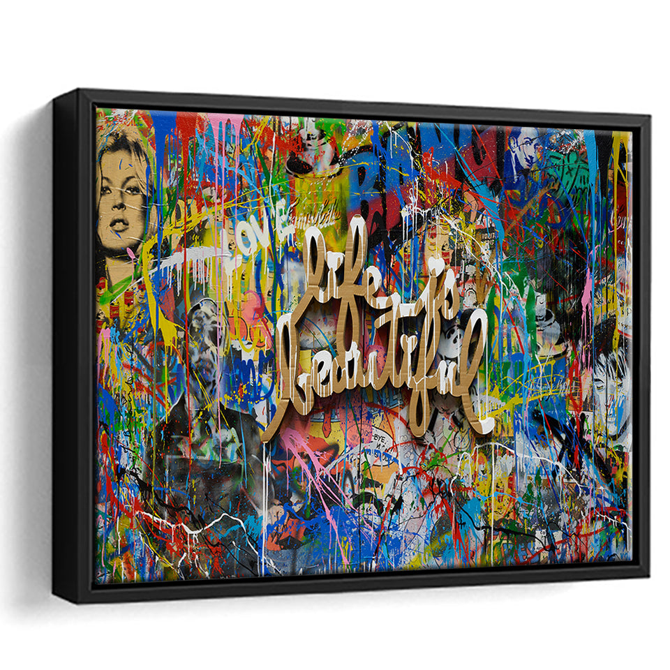 Life Is Beautiful Grafiti Art V2 Banksy Style, Framed Canvas Prints Wall Art Home Decor,Floating Frame, Ready to Hang