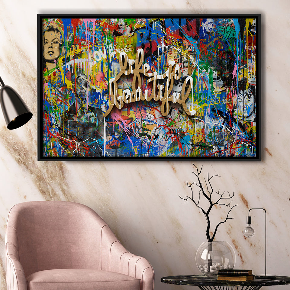 Life Is Beautiful Grafiti Art V2 Banksy Style, Framed Canvas Prints Wall Art Home Decor,Floating Frame, Ready to Hang