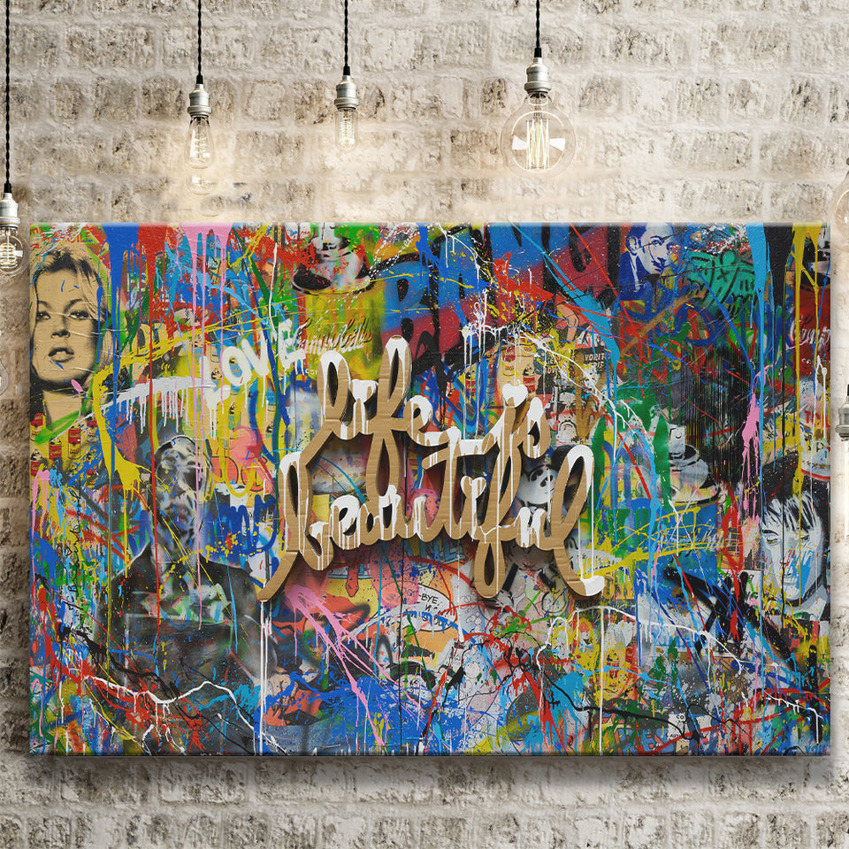 Life Is Beautiful Grafiti Art V2 Banksy Style, Canvas Prints Wall Art Home Decor