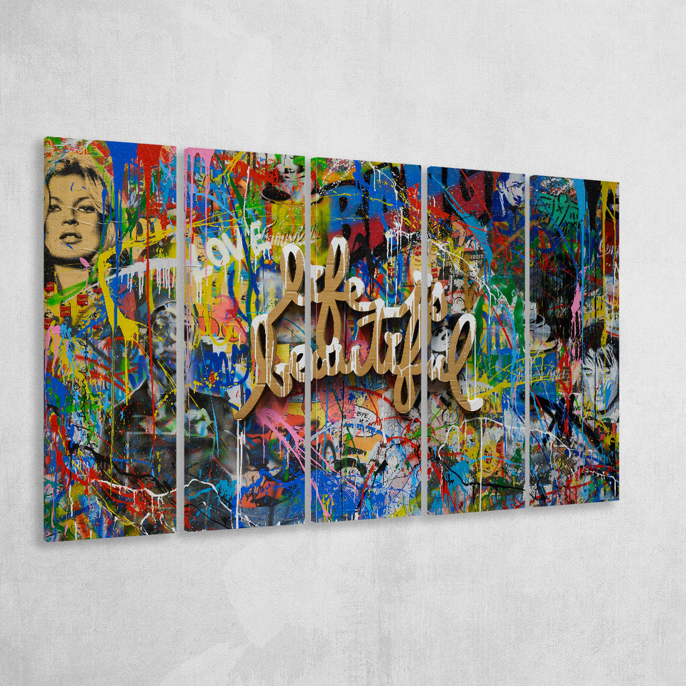 Life Is Beautiful Grafiti Art V2 Banksy Style, Multi Panels, 5 Pieces B, Canvas Prints Wall Art Home Decor,X Large Canvas