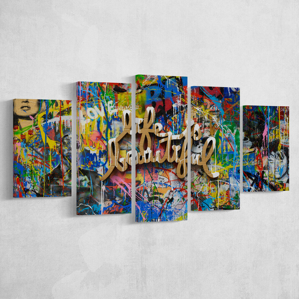 Life Is Beautiful Grafiti Art V2 Banksy Style, Multi Panels, 5 Pieces, Canvas Prints Wall Art Home Decor