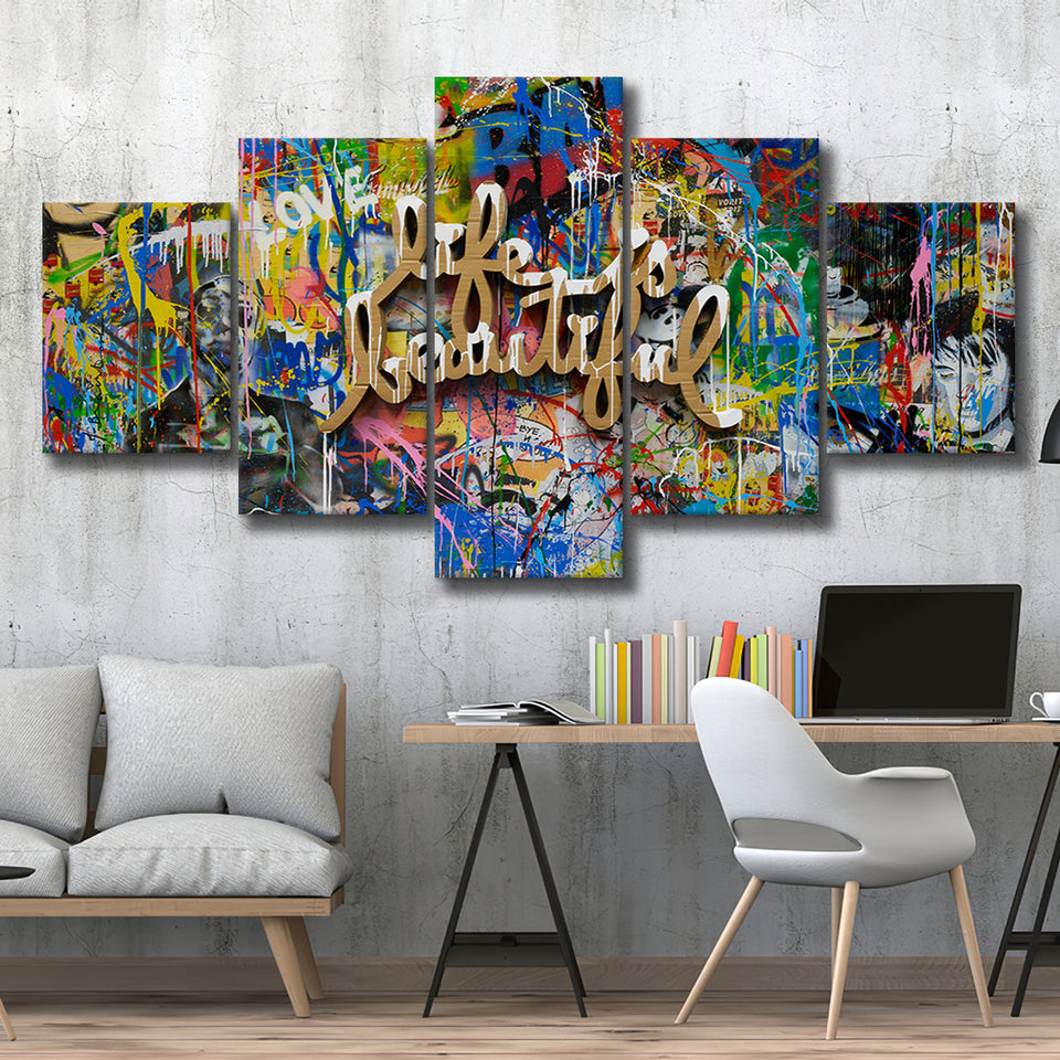 Life Is Beautiful Grafiti Art V2 Banksy Style, Multi Panels, 5 Pieces, Canvas Prints Wall Art Home Decor