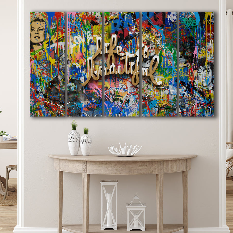 Life Is Beautiful Grafiti Art V2 Banksy Style, Multi Panels, 5 Pieces B, Canvas Prints Wall Art Home Decor,X Large Canvas