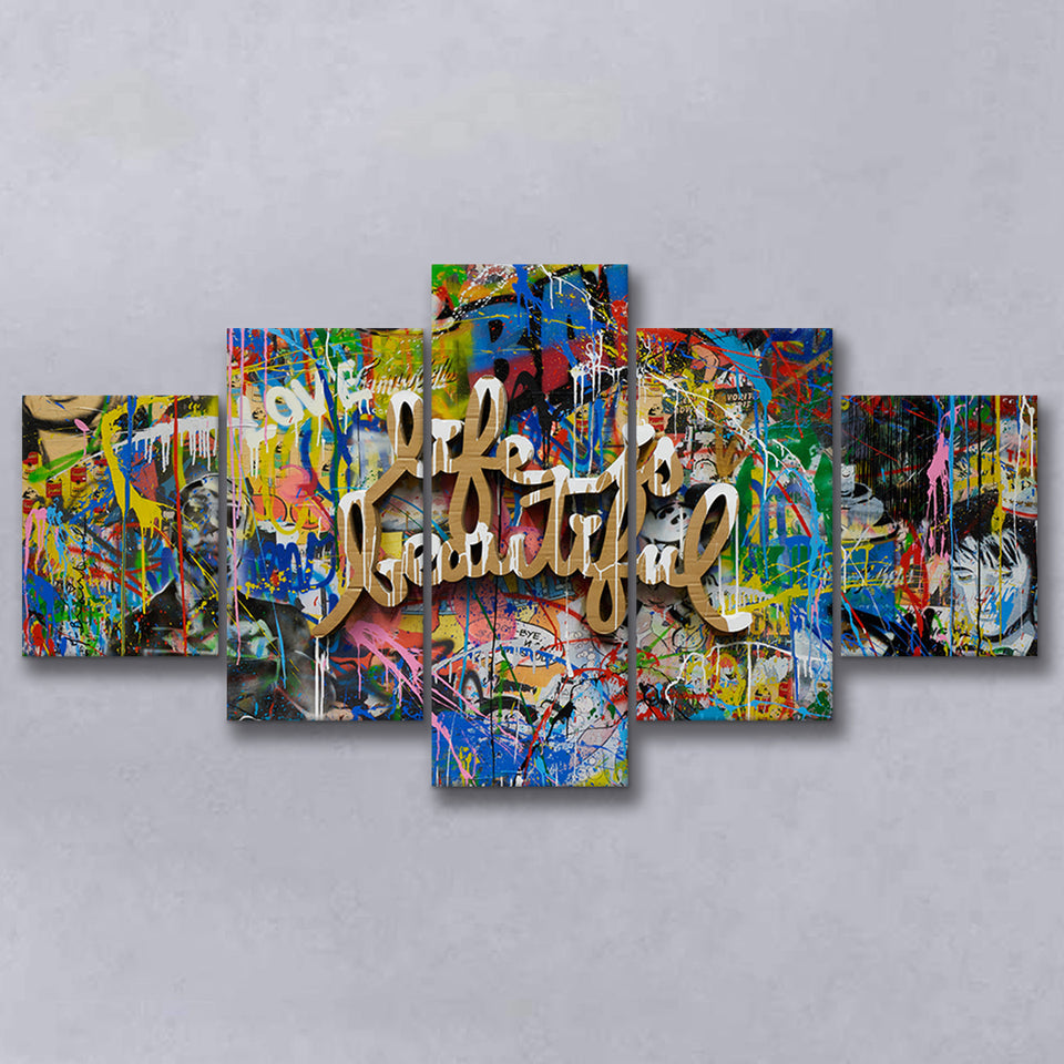 Life Is Beautiful Grafiti Art V2 Banksy Style, Multi Panels, 5 Pieces, Canvas Prints Wall Art Home Decor