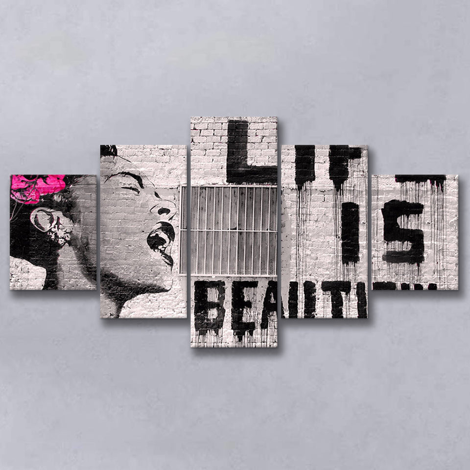 Life Is Beautiful Canvas Banksy Style, 5 Panel Canvas Prints Wall Art,Mixed Canvas, Large Canvas