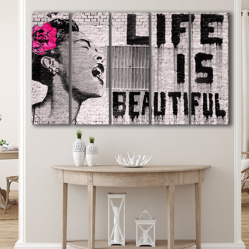 Life Is Beautiful Canvas Banksy Style, 5 Panel B Canvas Prints Wall Art, Extra Large Canvas Decor