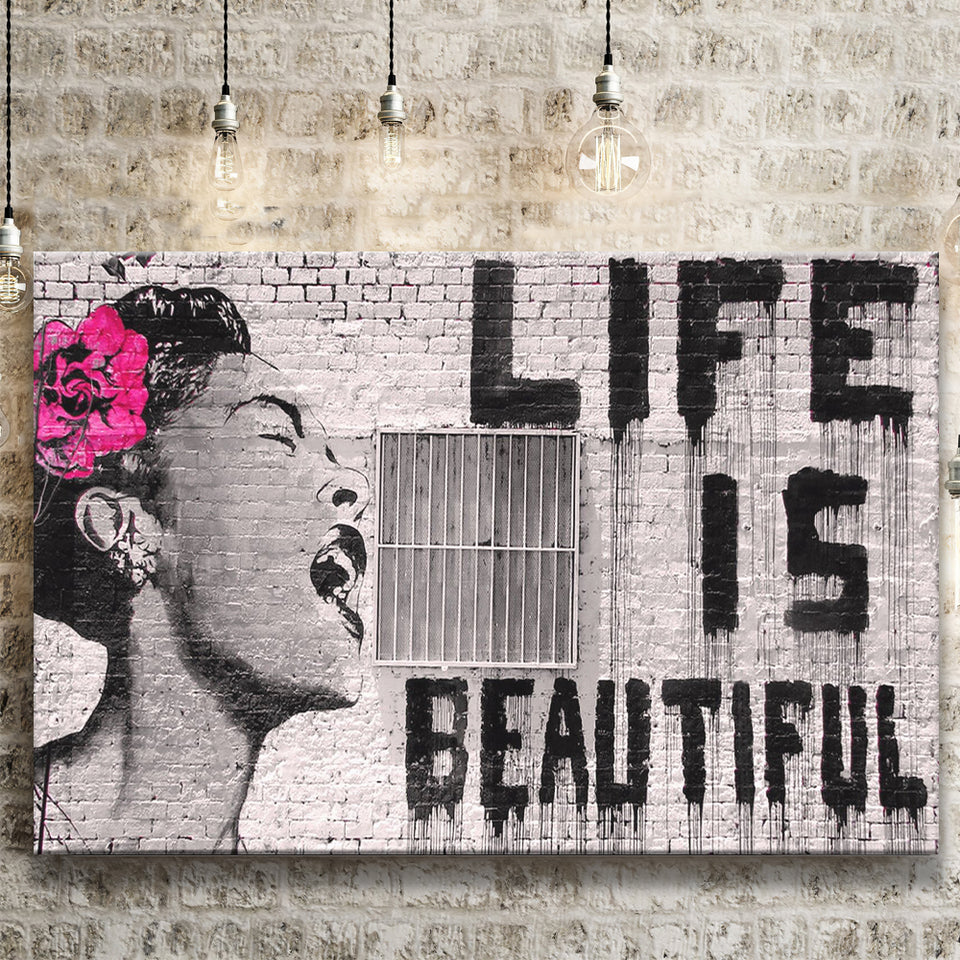 Life Is Beautiful Canvas Banksy Style Canvas Prints Wall Art, Home Living Room Decor, Large Canvas