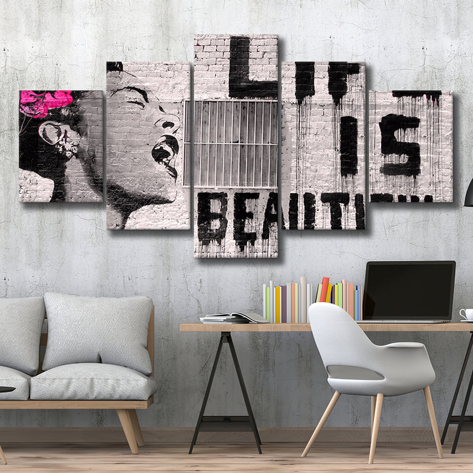Life Is Beautiful Canvas Banksy Style, 5 Panel Canvas Prints Wall Art,Mixed Canvas, Large Canvas