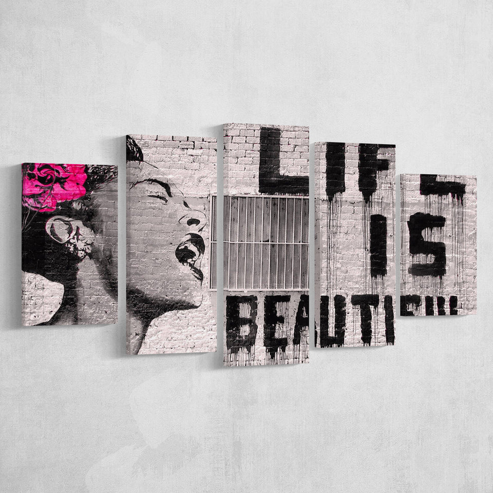 Life Is Beautiful Canvas Banksy Style, 5 Panel Canvas Prints Wall Art,Mixed Canvas, Large Canvas