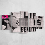 Life Is Beautiful Canvas Banksy Style, 5 Panel Canvas Prints Wall Art,Mixed Canvas, Large Canvas