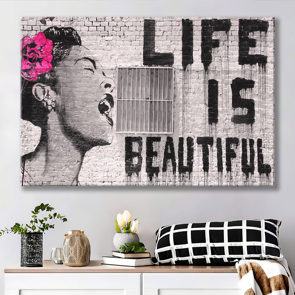 Life Is Beautiful Canvas Banksy Style Canvas Prints Wall Art, Home Living Room Decor, Large Canvas