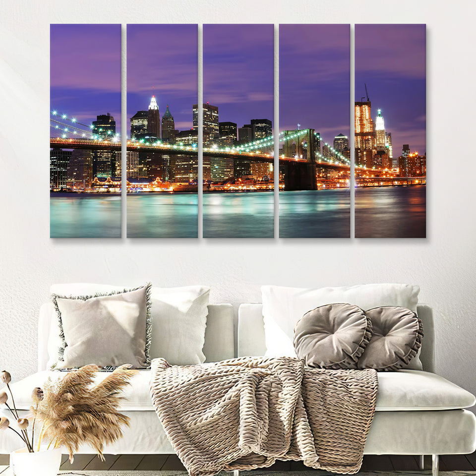 Light City New York In The Night 5 Pieces Canvas Prints Wall Art Decor - Painting Canvas,Multi Panel,Painting Prints,For Sale