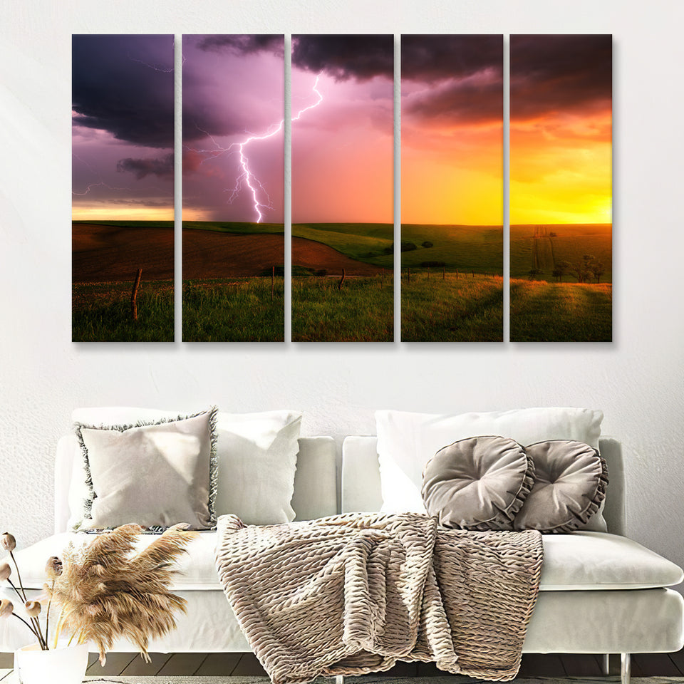 Lightning Strike Down At Sunset 5 Pieces B Canvas Prints Wall Art - Painting Canvas, Multi Panels,5 Panel, Wall Decor