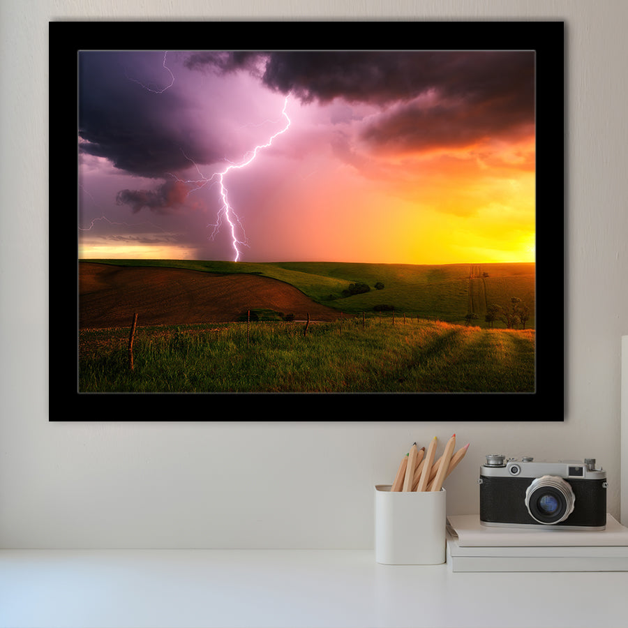 Lightning Strike Down At Sunset Framed Art Prints Wall Decor - Painting Art, Wall Decor, Framed Picture,Painting Prints, For Sale