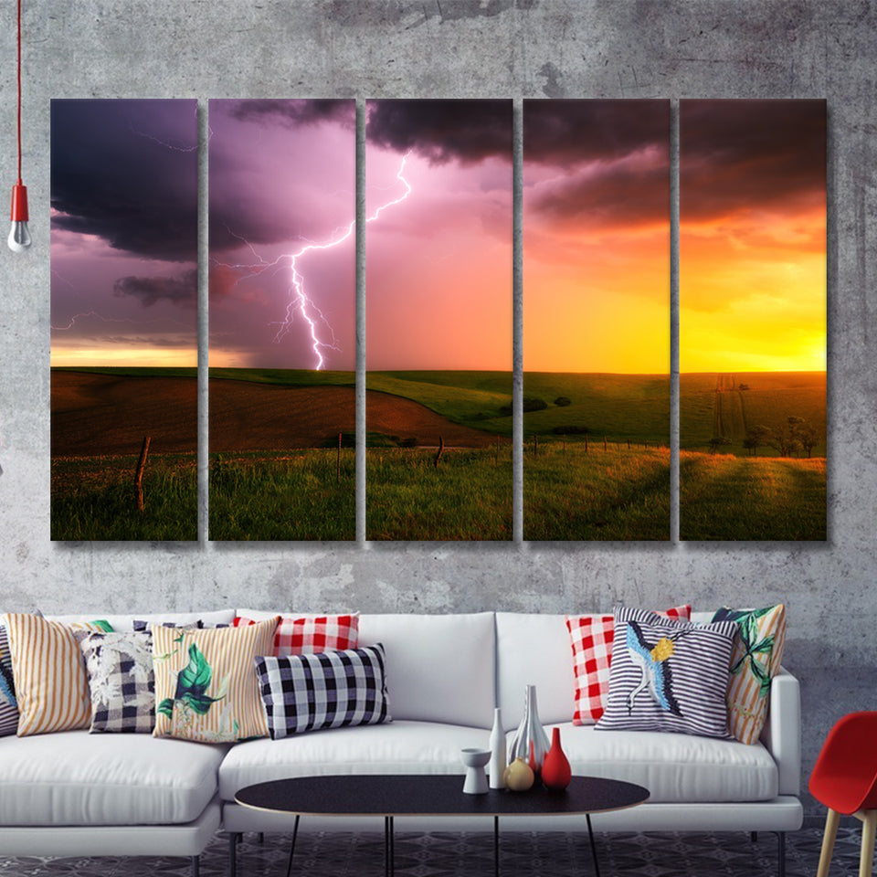Lightning Strike Down At Sunset 5 Pieces B Canvas Prints Wall Art - Painting Canvas, Multi Panels,5 Panel, Wall Decor