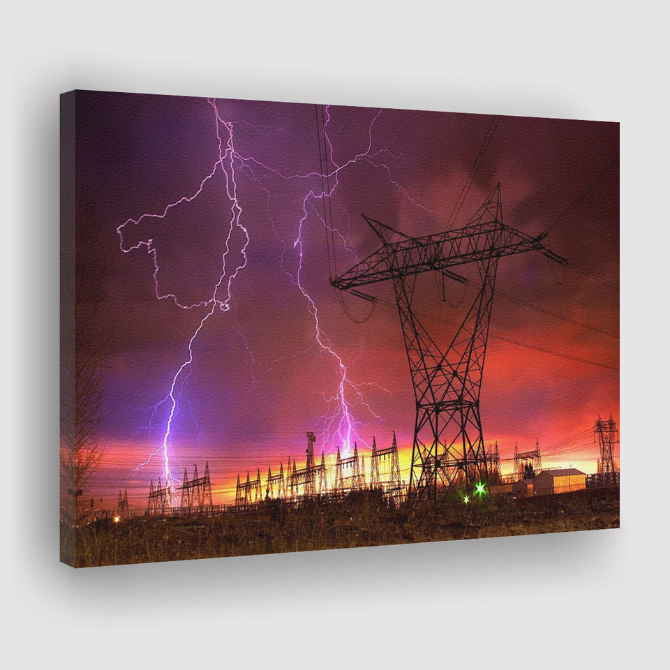 Lightning Strike On Power Line Canvas Prints Wall Art - Painting Canvas, Home Wall Decor, Painting Prints, For Sale