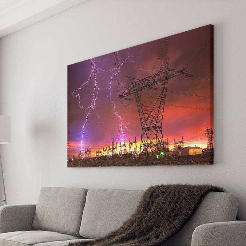Lightning Strike On Power Line Canvas Prints Wall Art - Painting Canvas, Home Wall Decor, Painting Prints, For Sale