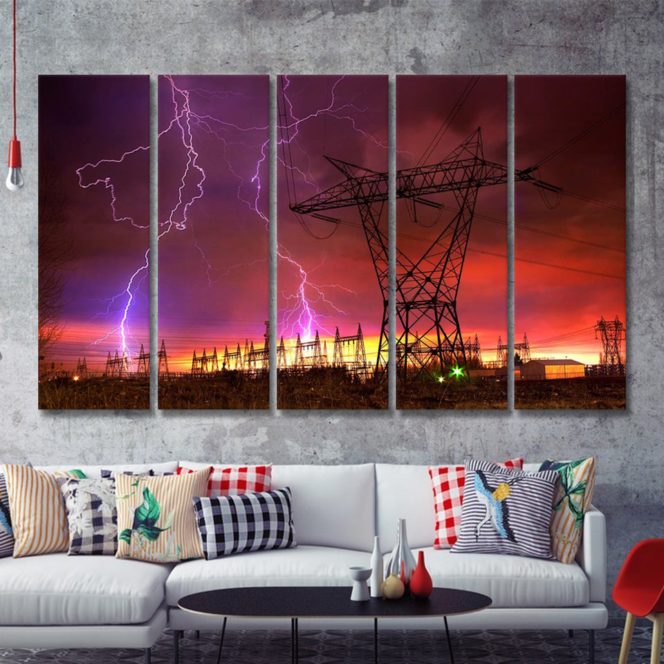 Lightning Strike On Power Line 5 Pieces B Canvas Prints Wall Art - Painting Canvas, Multi Panels,5 Panel, Wall Decor