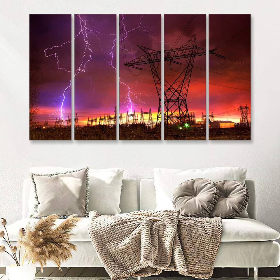 Lightning Strike On Power Line 5 Pieces B Canvas Prints Wall Art - Painting Canvas, Multi Panels,5 Panel, Wall Decor