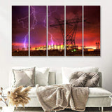 Lightning Strike On Power Line 5 Pieces B Canvas Prints Wall Art - Painting Canvas, Multi Panels,5 Panel, Wall Decor