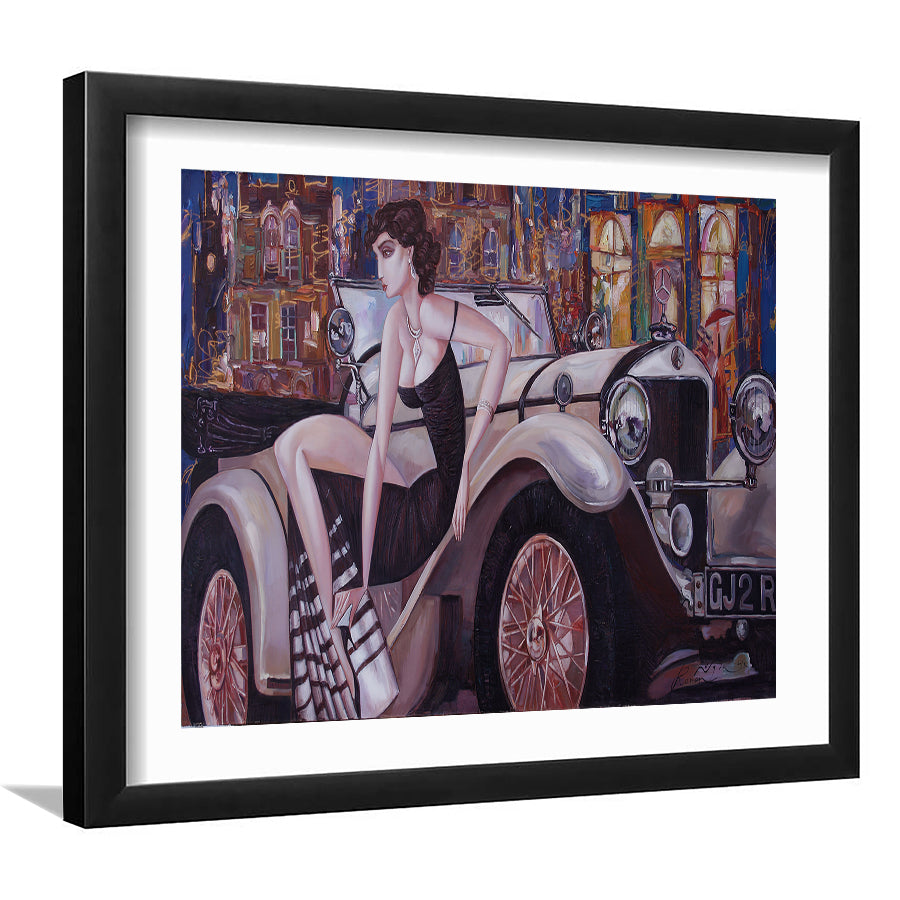 Night Avenue Girl In A Black Dress Retro Car Wall Art Print - Framed Art, Framed Prints, Painting Print