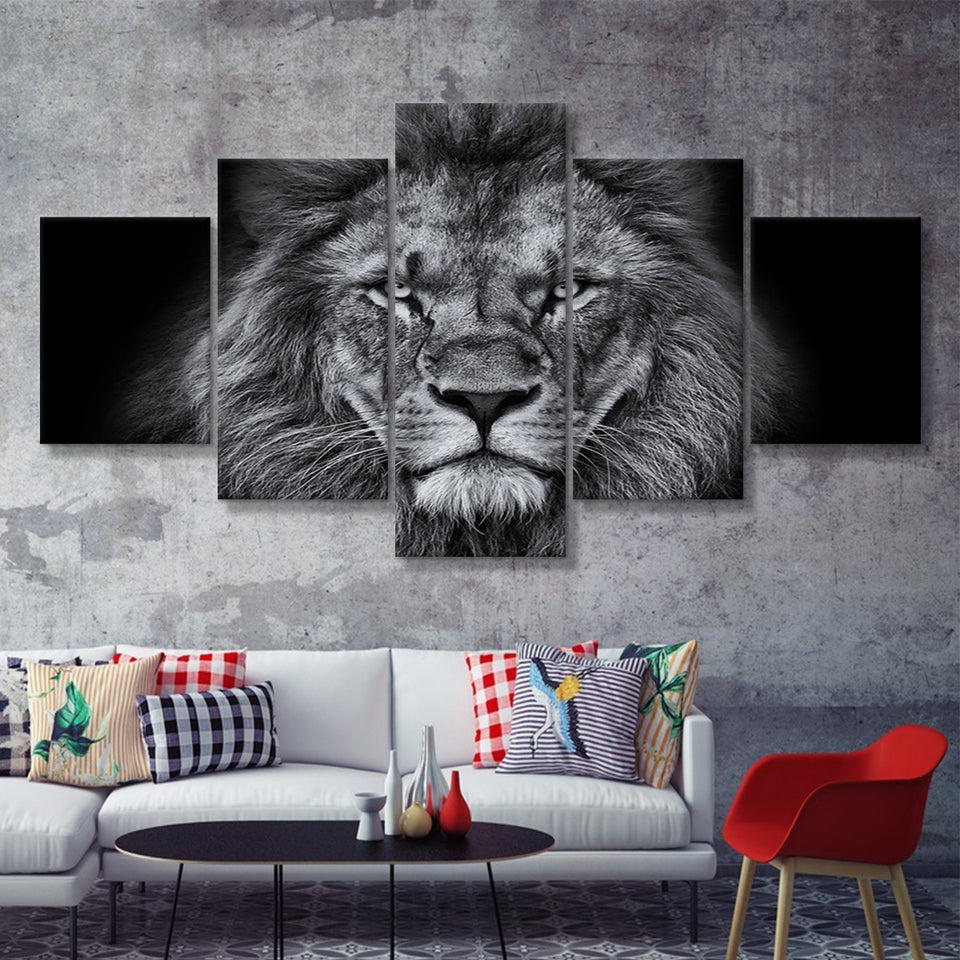Lion Black & White 5 Piece Canvas Prints Wall Art Decor - Painting Canvas, Multi Panels