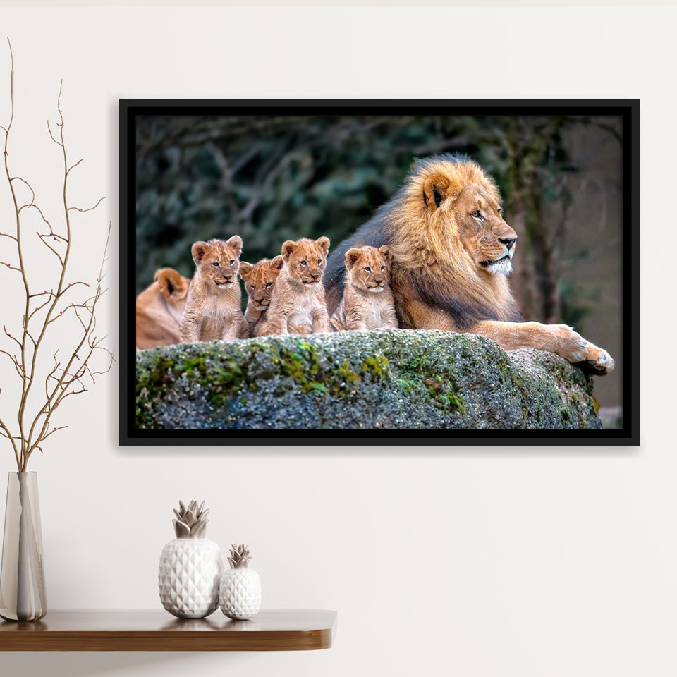 Lion Dad And Son Animal Art Framed Canvas Prints Wall Art - Painting Canvas, Wall Decor, Canvas Art, Floating Frame