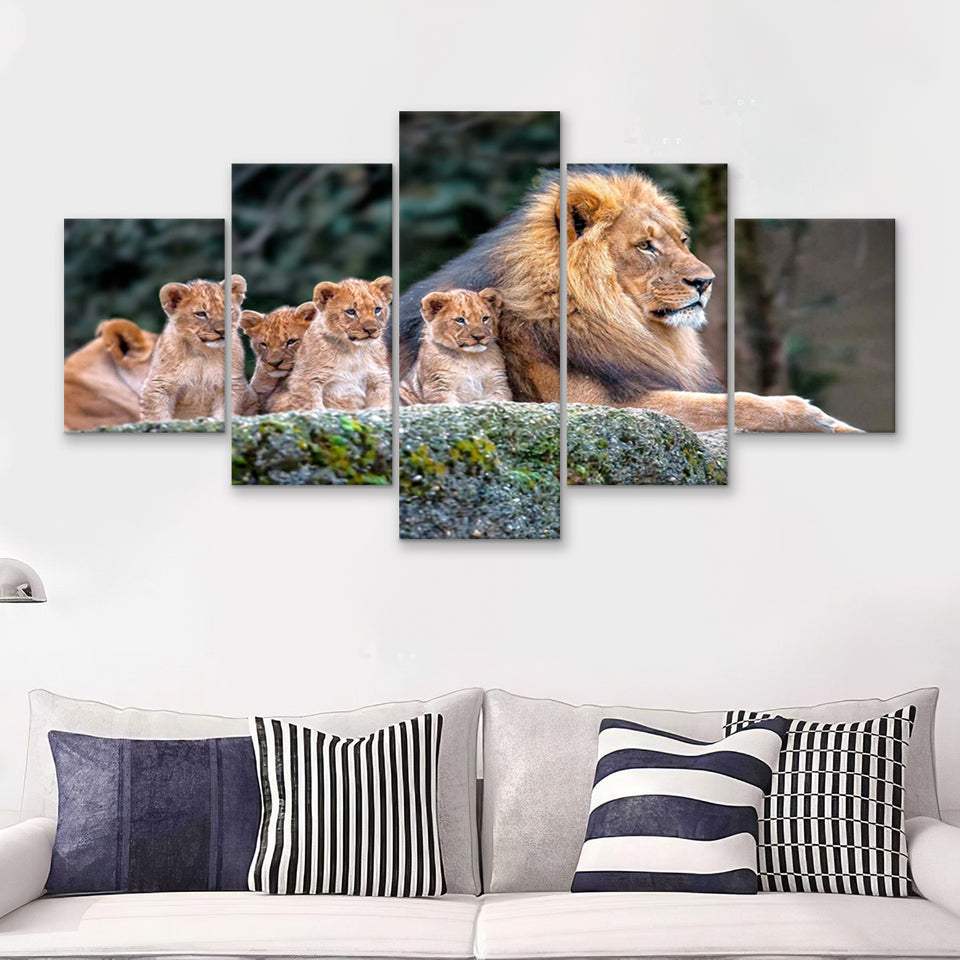 Lion Dad And Son Animal Art 5 Pieces Canvas Prints Wall Art - Painting Canvas, Multi Panel, Wall Decor, Canvas Art