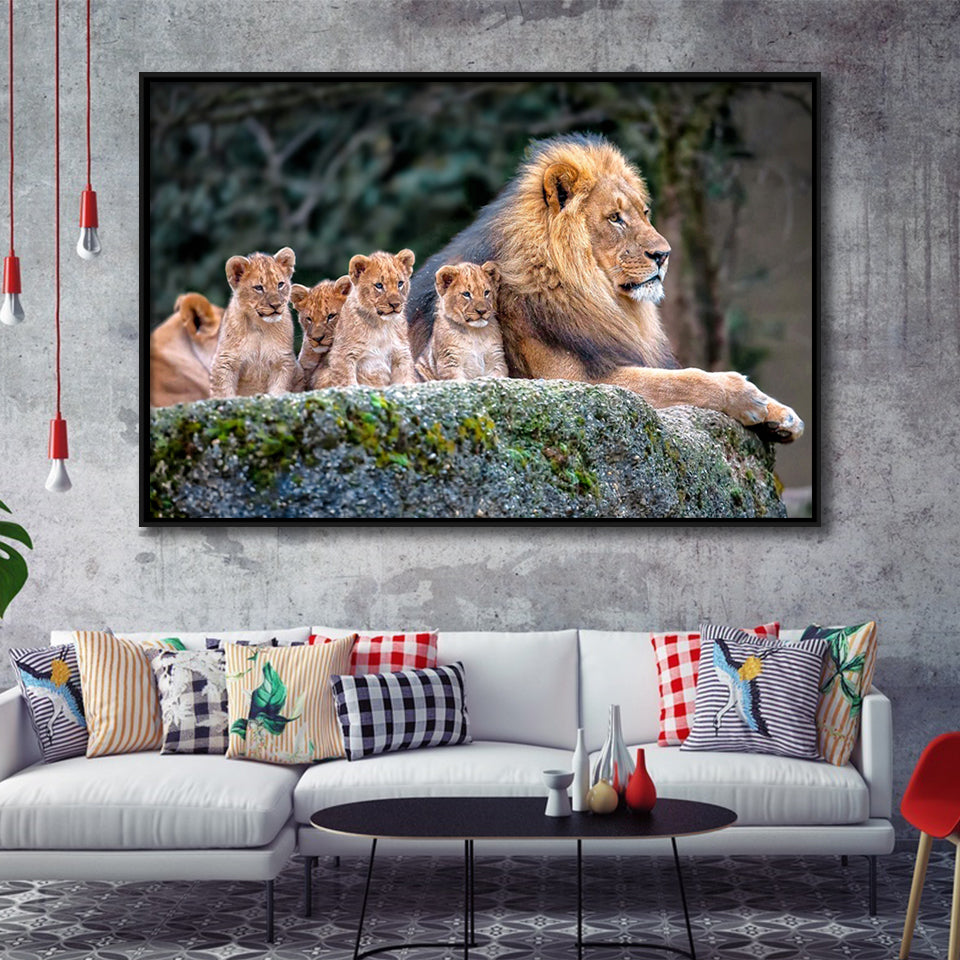 Lion Dad And Son Animal Art Framed Canvas Prints Wall Art - Painting Canvas, Wall Decor, Canvas Art, Floating Frame