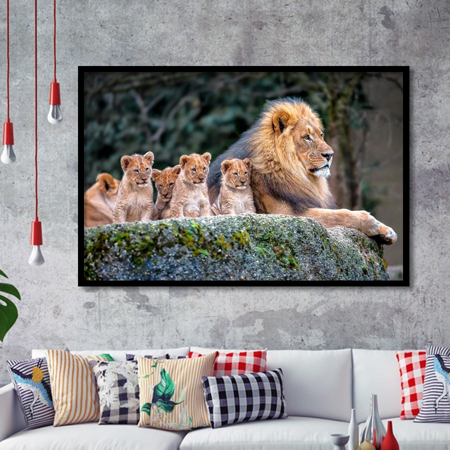 Lion Dad And Son Animal Art Framed Art Prints Wall Decor - Painting Prints, Wall Art, Framed Picture, Black Frame