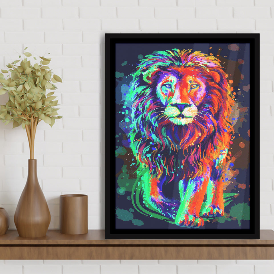 Lion Portrait Water Colorful Framed Canvas Prints Wall Art Decor - Painting Canvas, Floating Frame, Framed Picture