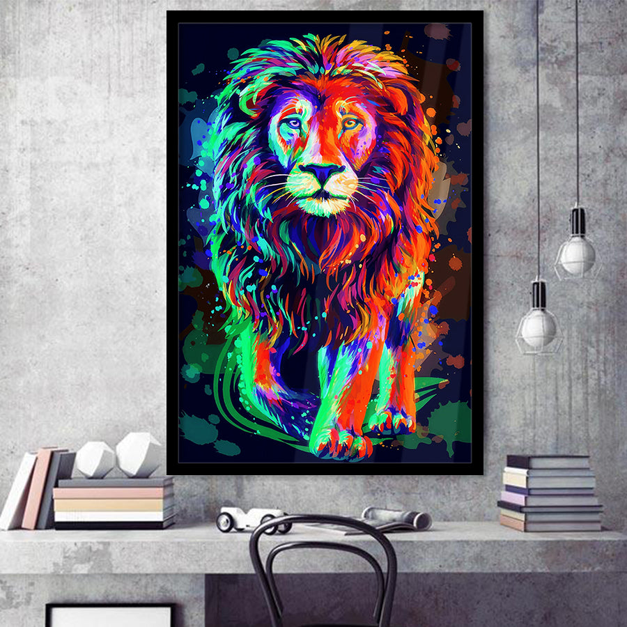 Lion Portrait Water Colorful Framed Art Print Wall Decor - Painting Art, Wall Art, Framed Picture, Black Frame