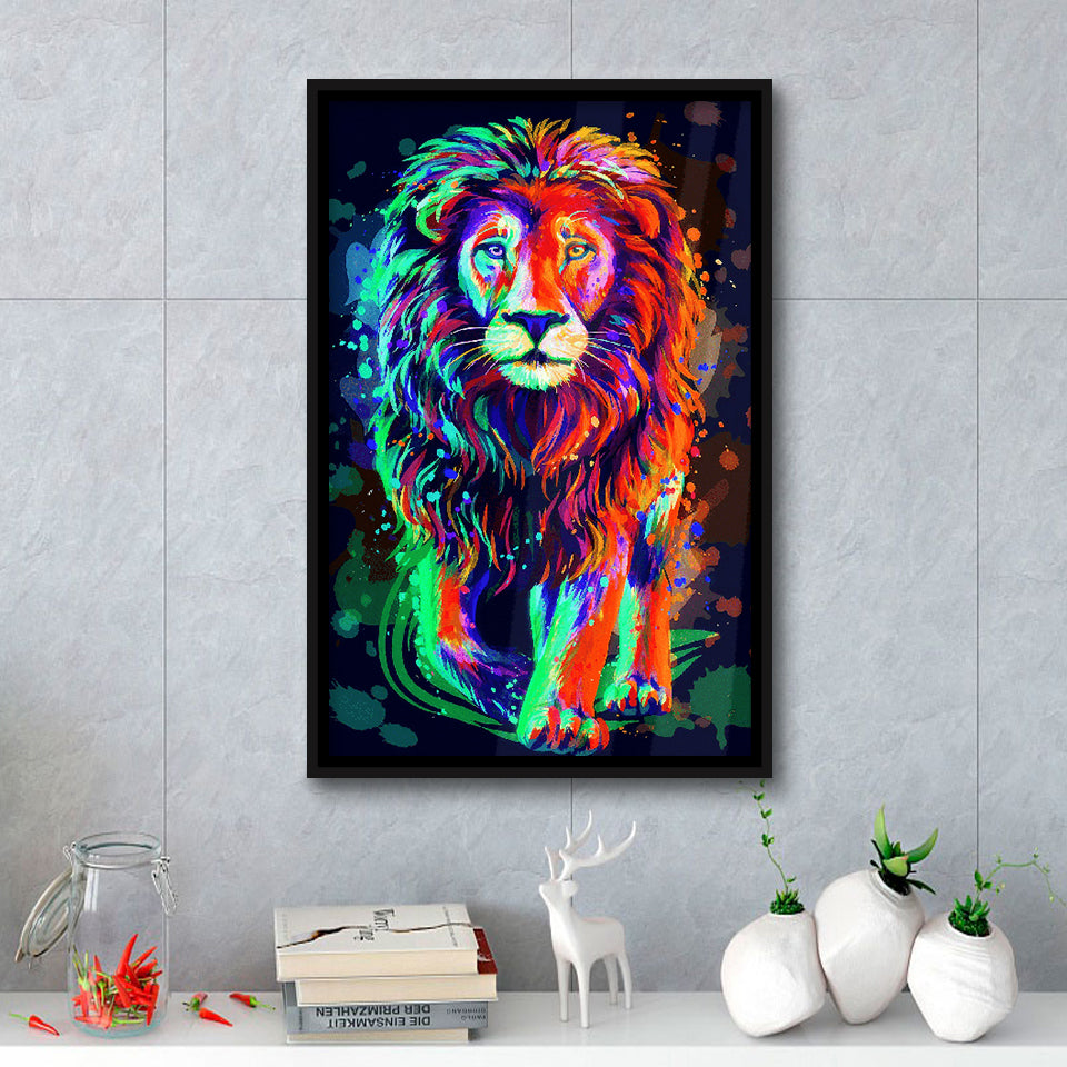 Lion Portrait Water Colorful Framed Canvas Prints Wall Art Decor - Painting Canvas, Floating Frame, Framed Picture