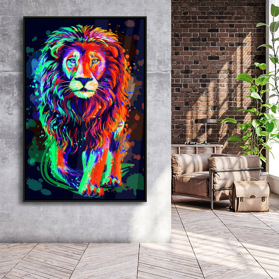 Lion Portrait Water Colorful Framed Canvas Prints Wall Art Decor - Painting Canvas, Floating Frame, Framed Picture