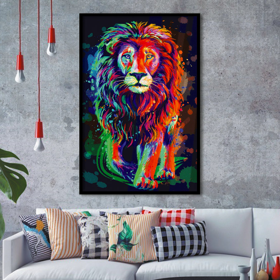 Lion Portrait Water Colorful Framed Art Print Wall Decor - Painting Art, Wall Art, Framed Picture, Black Frame