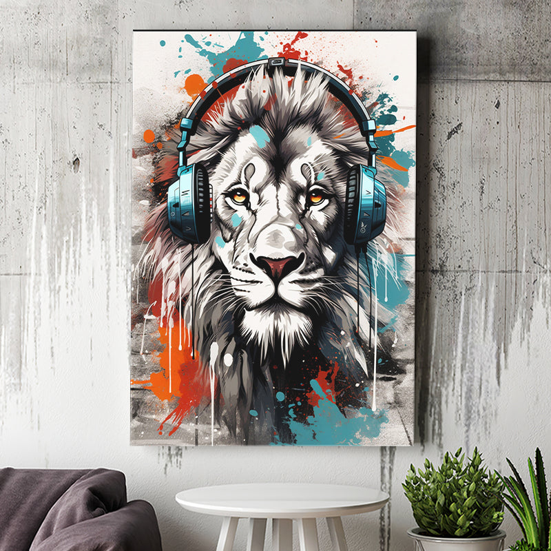 Lion Wearing Headphone, Gaming Art, Gift For Kids, Painting Art, Canvas Prints Wall Art Home Decor