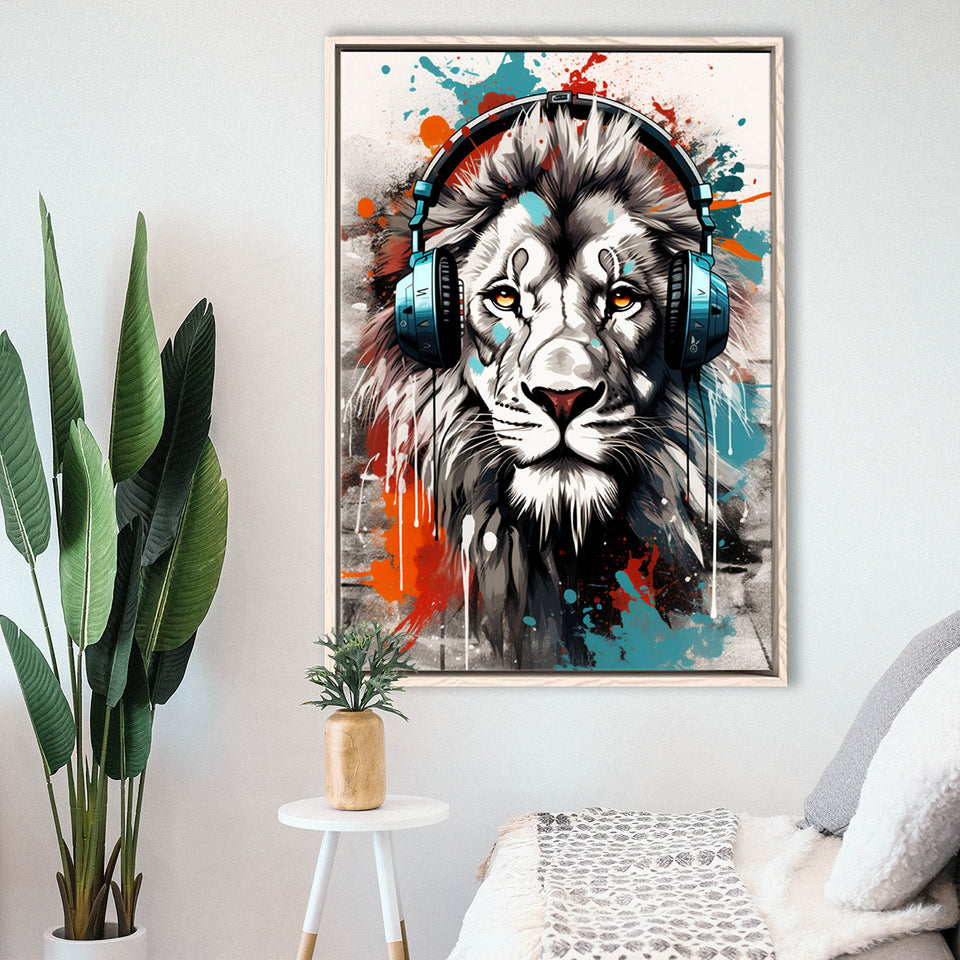 Lion Wearing Headphone, Gaming Art, Gift For Kids,Framed Canvas Prints,Floating Frame, Wall Art Home Decor