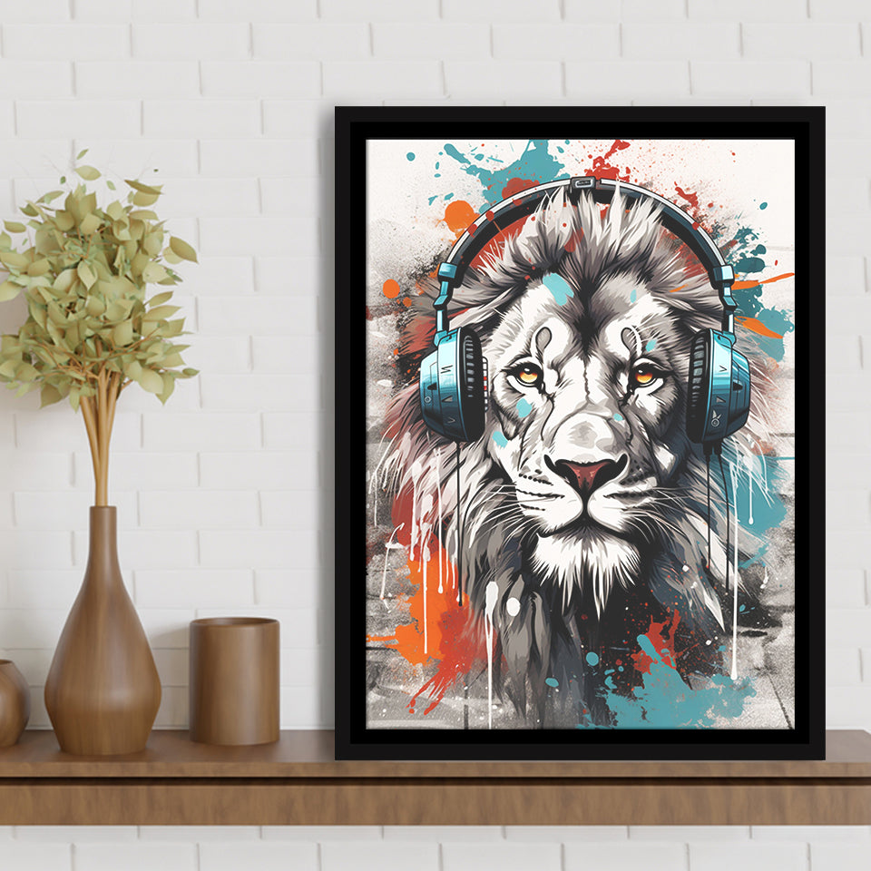 Lion Wearing Headphone, Gaming Art, Gift For Kids,Framed Canvas Prints,Floating Frame, Wall Art Home Decor