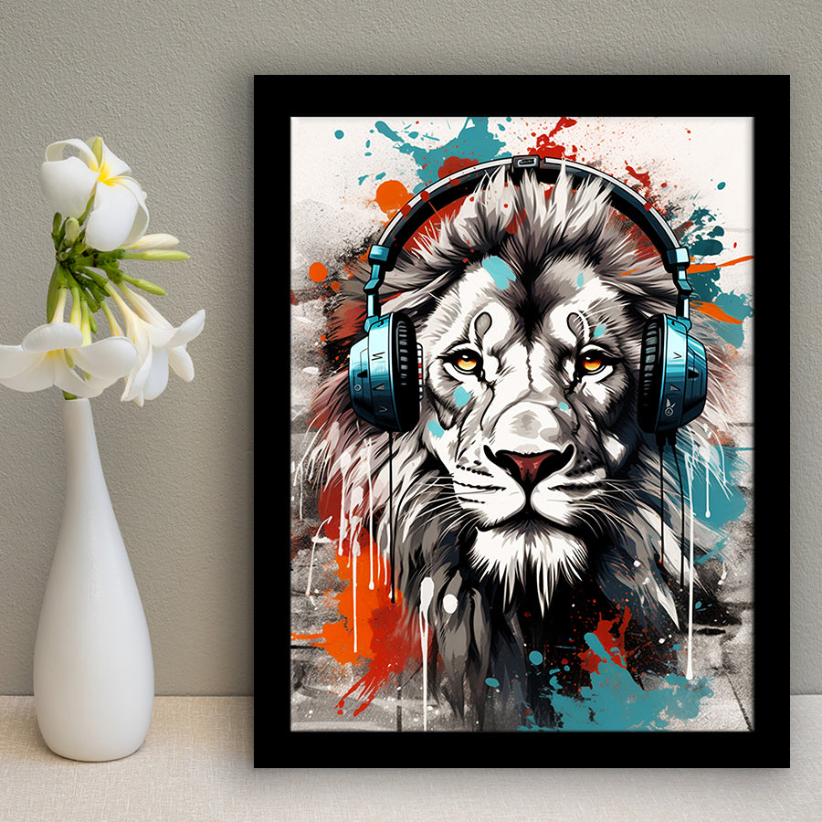 Lion Wearing Headphone, Gaming Art, Gift For Kids, Painting Art, Framed Art Prints Wall Decor