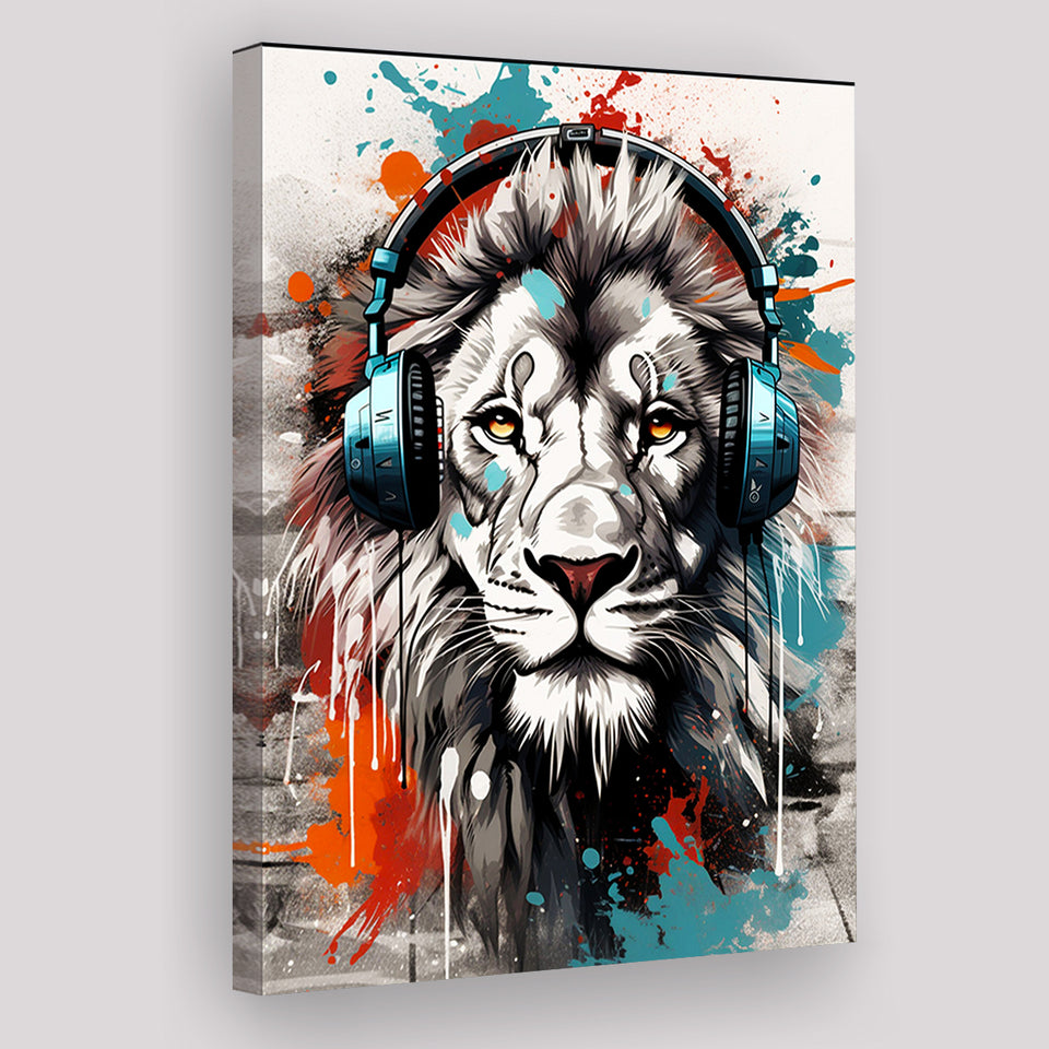 Lion Wearing Headphone, Gaming Art, Gift For Kids, Painting Art, Canvas Prints Wall Art Home Decor