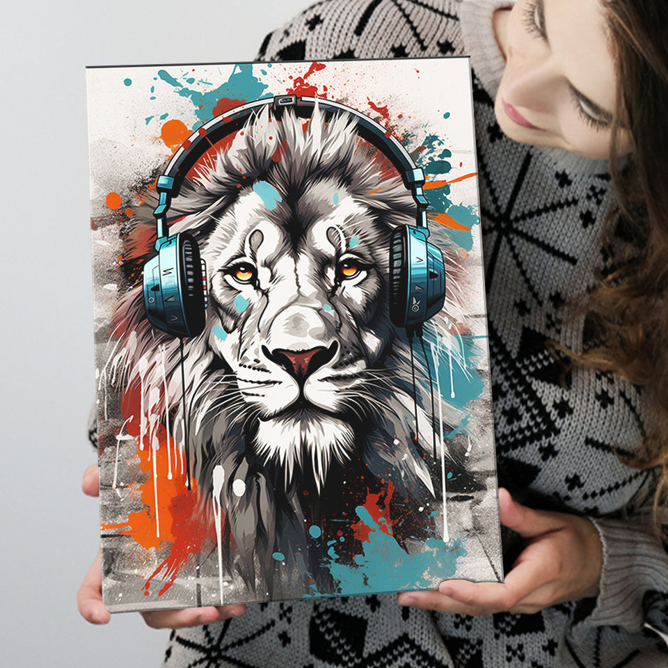 Lion Wearing Headphone, Gaming Art, Gift For Kids, Painting Art, Canvas Prints Wall Art Home Decor