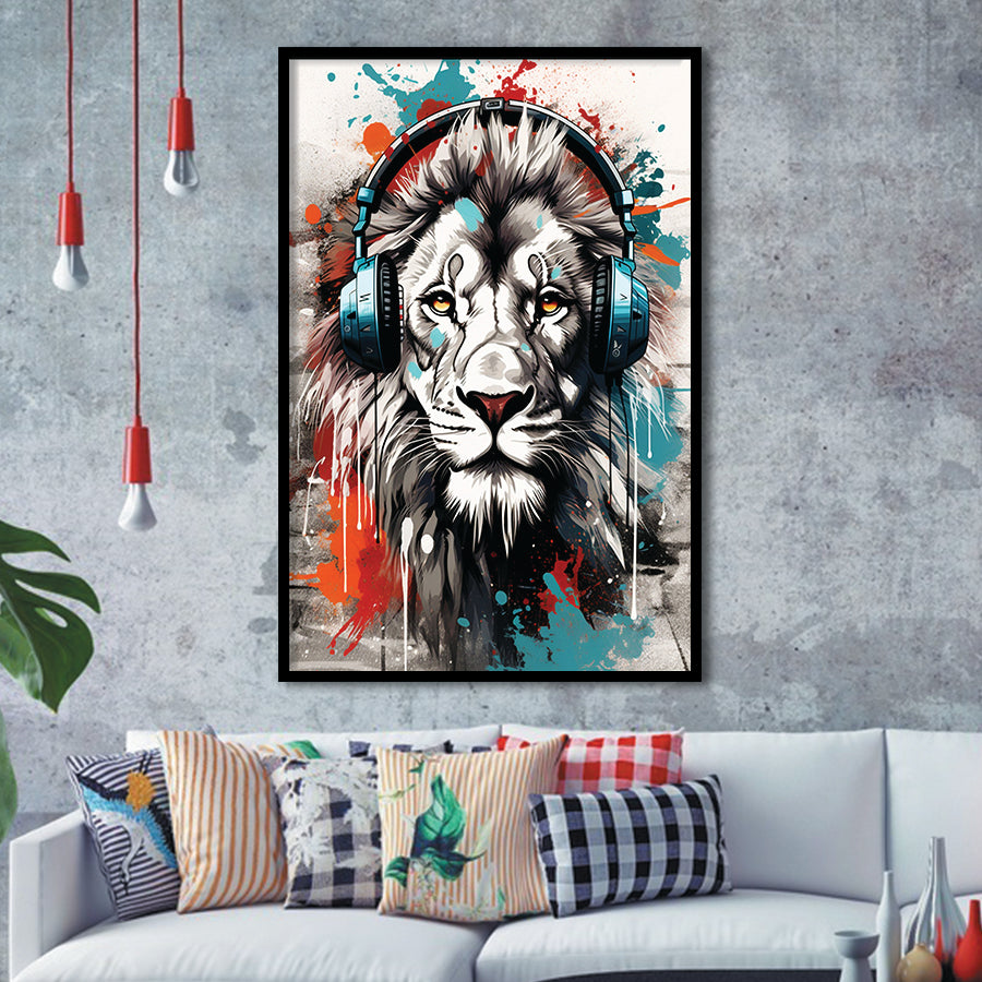 Lion Wearing Headphone, Gaming Art, Gift For Kids, Painting Art, Framed Art Prints Wall Decor
