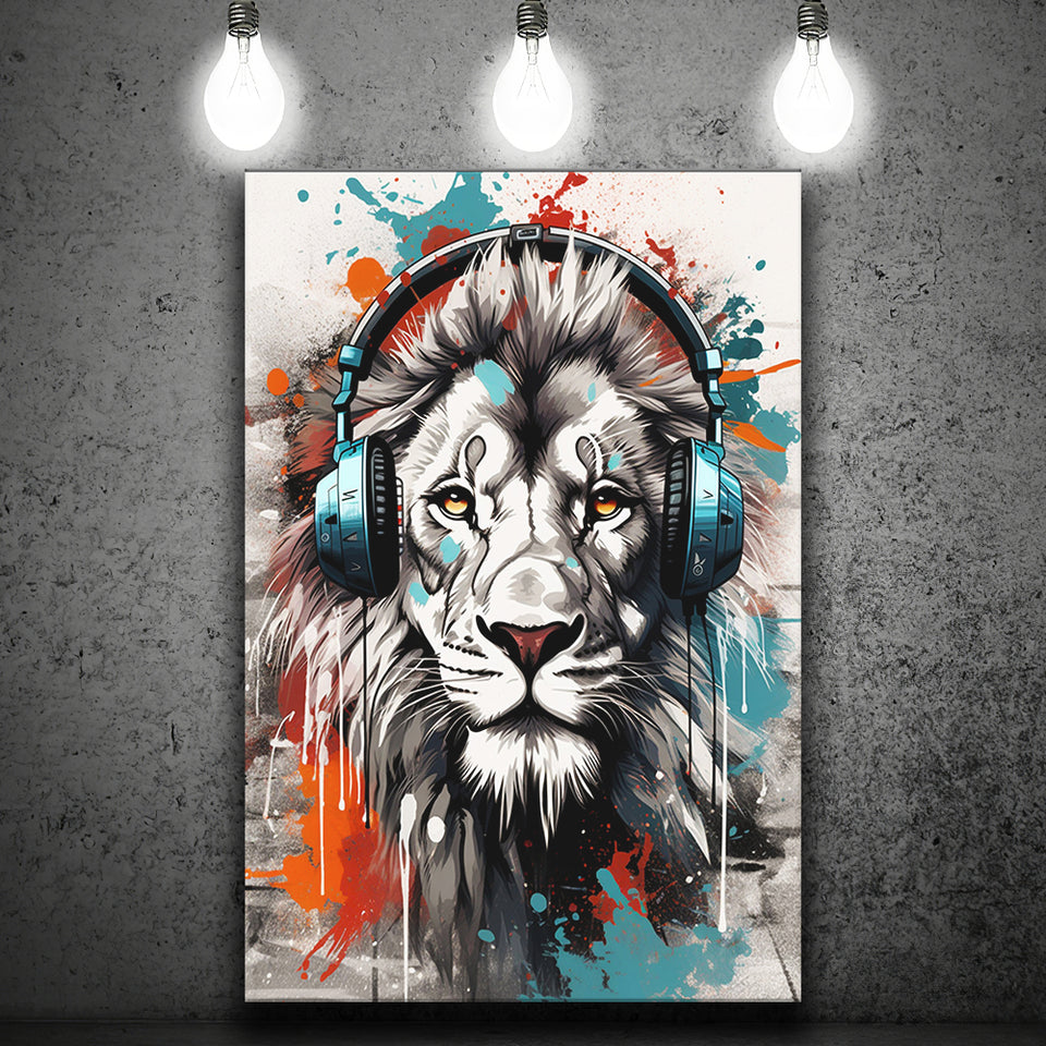 Lion Wearing Headphone, Gaming Art, Gift For Kids, Painting Art, Canvas Prints Wall Art Home Decor