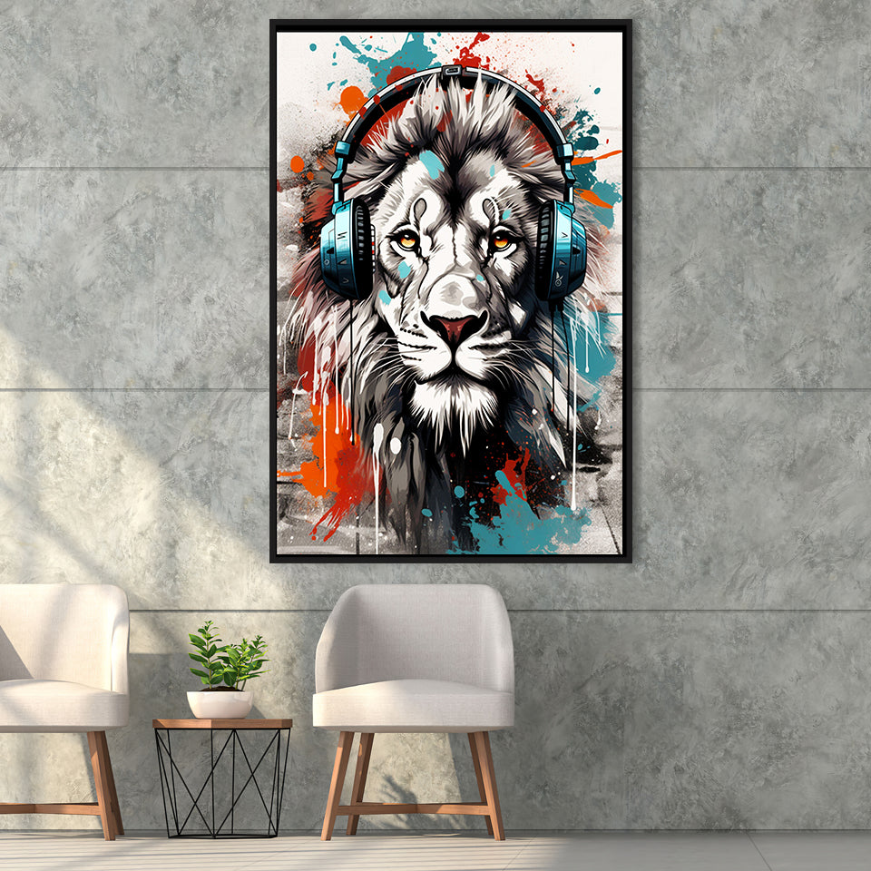 Lion Wearing Headphone, Gaming Art, Gift For Kids,Framed Canvas Prints,Floating Frame, Wall Art Home Decor