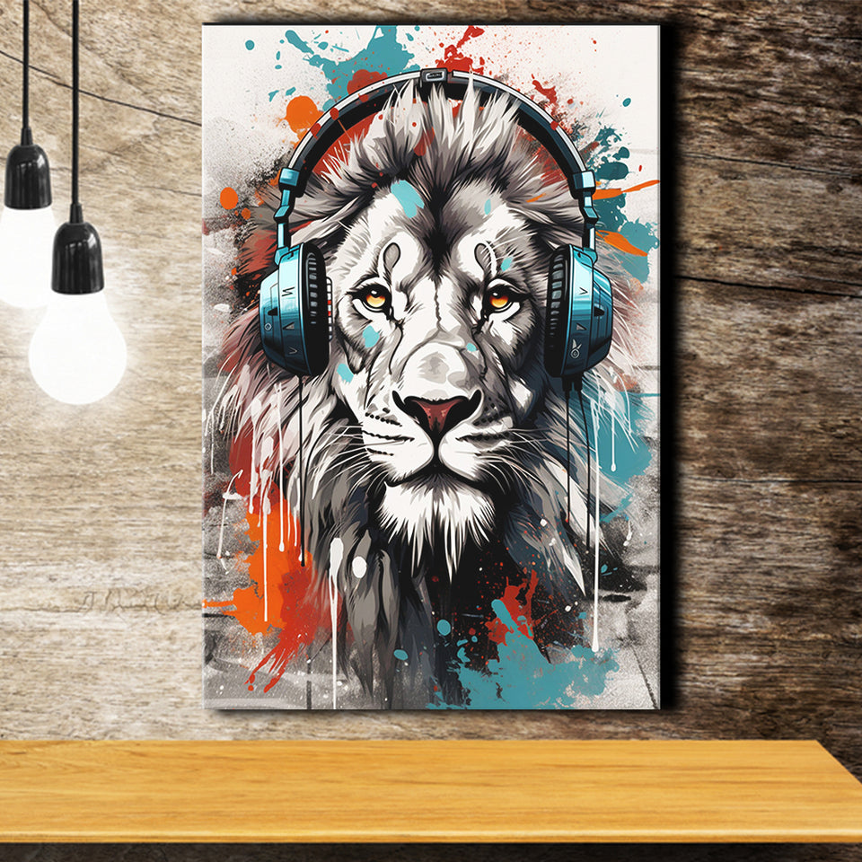 Lion Wearing Headphone, Gaming Art, Gift For Kids, Painting Art, Canvas Prints Wall Art Home Decor