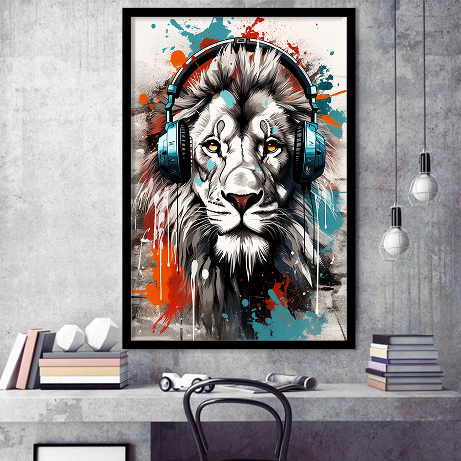 Lion Wearing Headphone, Gaming Art, Gift For Kids, Painting Art, Framed Art Prints Wall Decor
