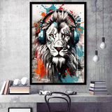 Lion Wearing Headphone, Gaming Art, Gift For Kids, Painting Art, Framed Art Prints Wall Decor